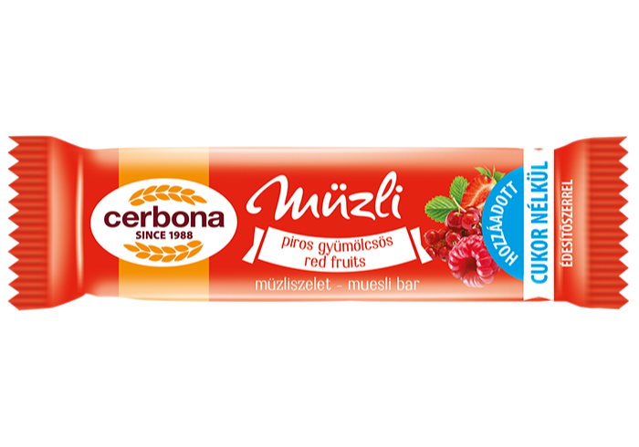 Baton musli cu fructe roșii, fără zahăr adăugat, cu îndulcitor
