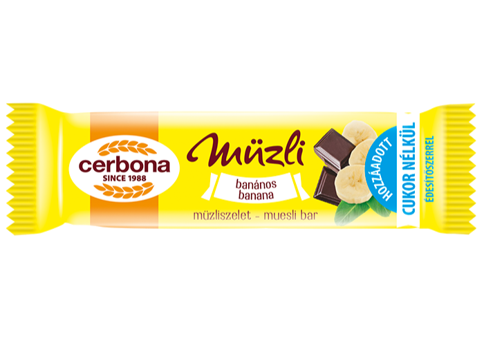 Baton musli cu banane, cu talpă din glazură cu cacao și lapte, fără zahăr adăugat, cu îndulcitori