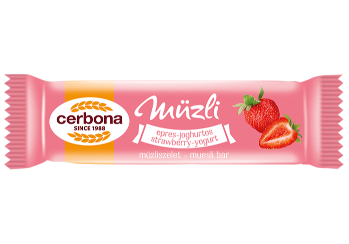 Baton musli cu căpşuni şi iaurt cu talpă din glazură cu gust de căpşuni