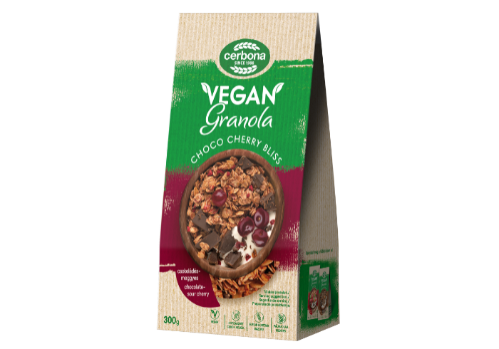 Granola vegană cu cacao și cireșe
