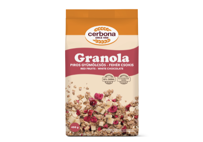 Granola cu fructe roșii și ciocolată albă